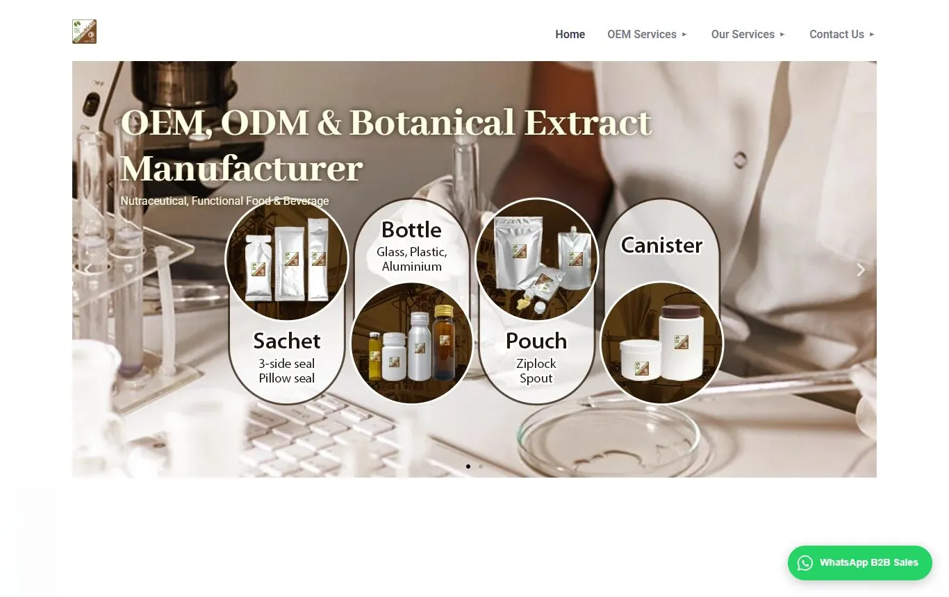 Bionutricia homepage showing OEM packaging formats