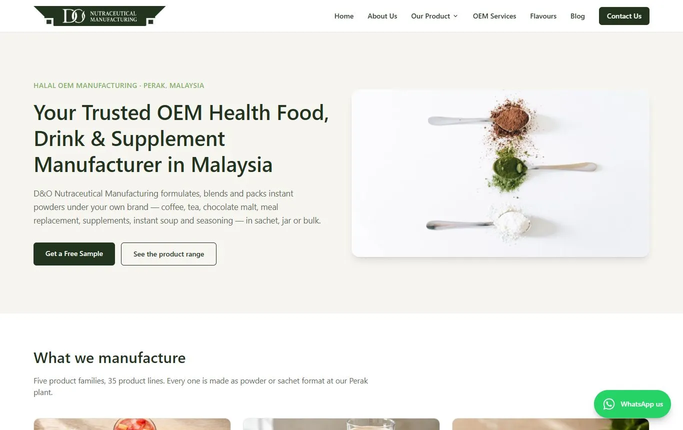 D&O Nutraceutical homepage showing powder supplement manufacturing