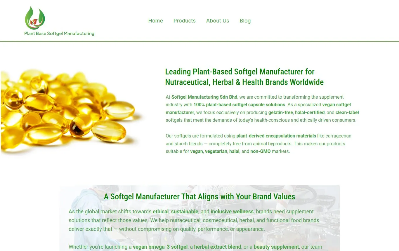Softgel Manufacturing homepage showing plant-based softgels