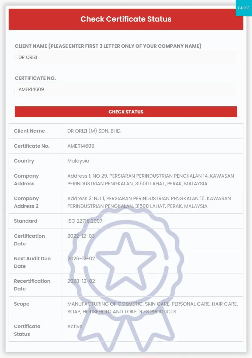 Americo certificate check page showing ISO 22716 certificate AMER14609 as active