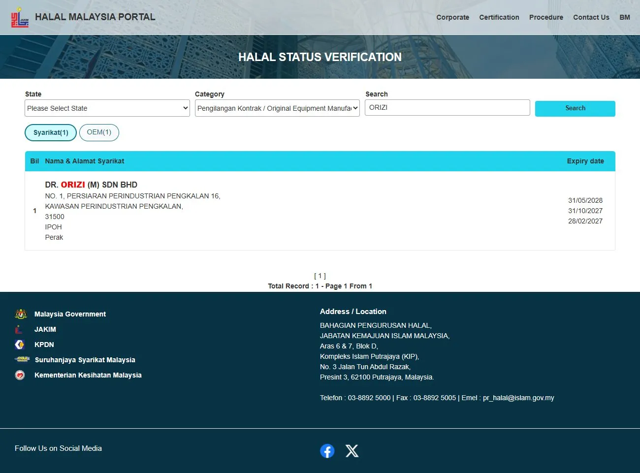 JAKIM MyeHalal portal record for Dr Orizi