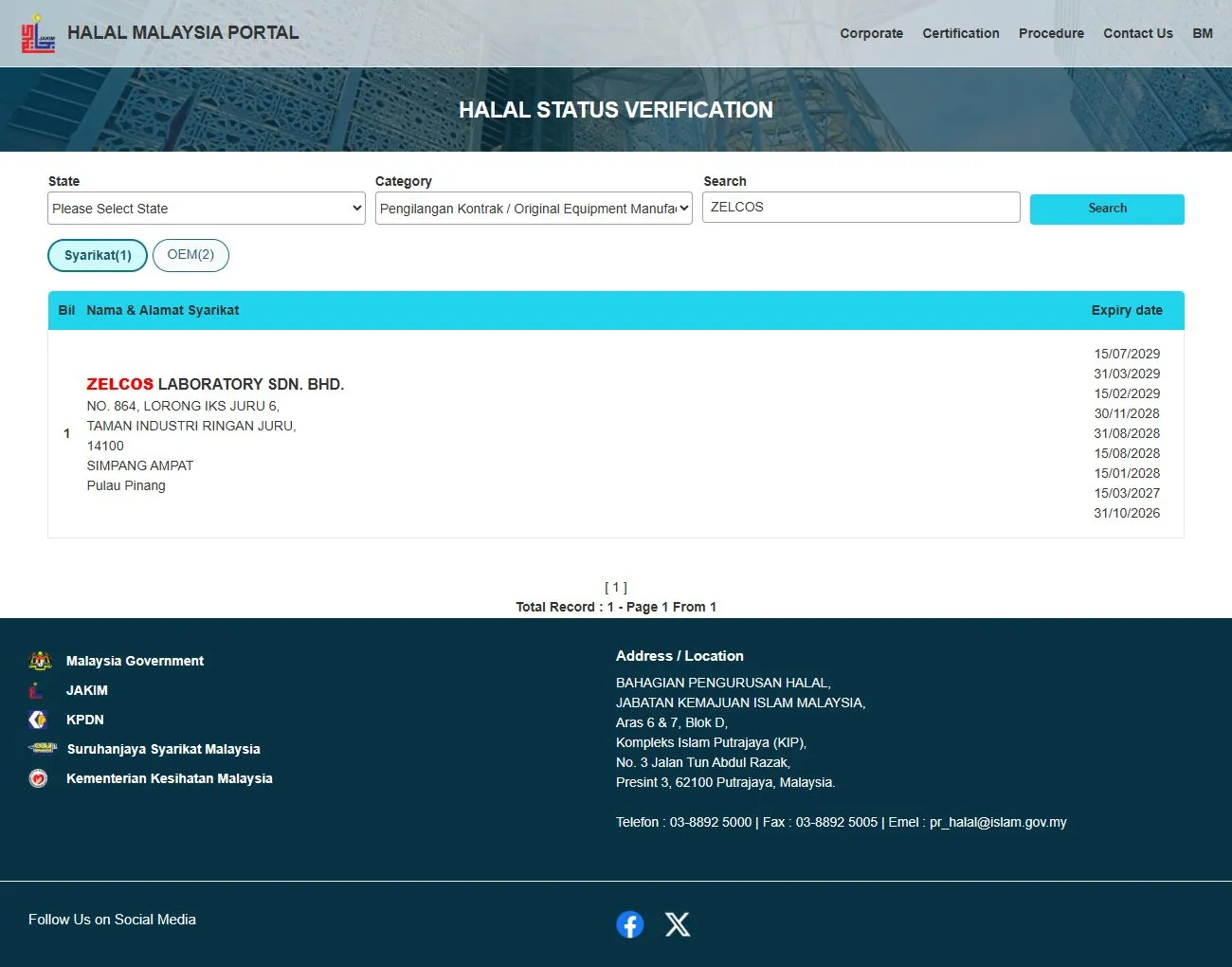 Zelcos Laboratory — JAKIM halal record (cosmetics / OEM)