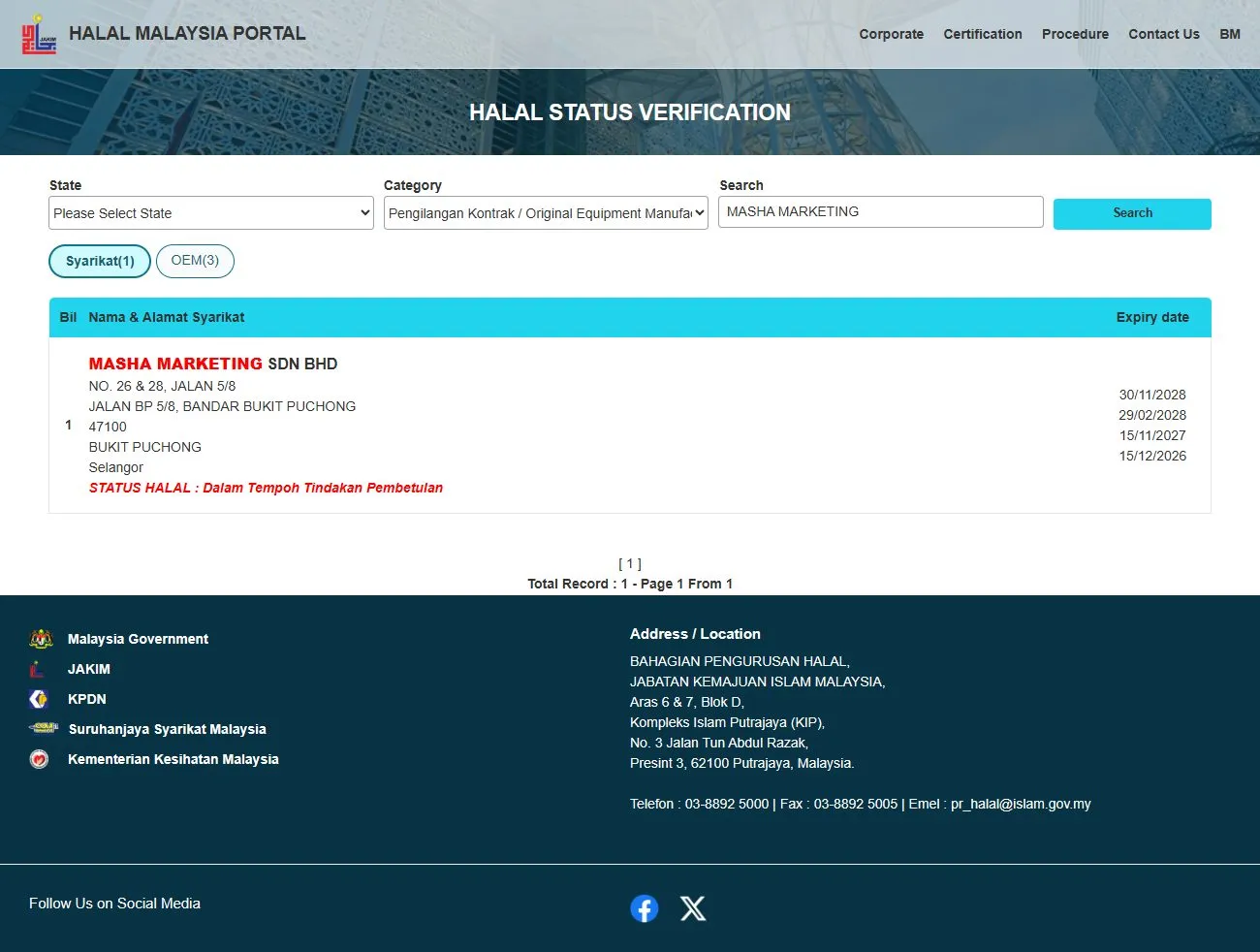 Masha Group — JAKIM halal record (cosmetics / OEM)