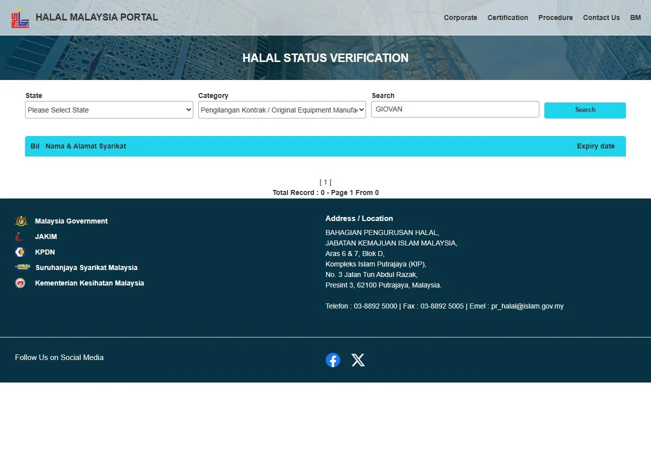 Giovan Resources — JAKIM halal record (cosmetics / OEM)