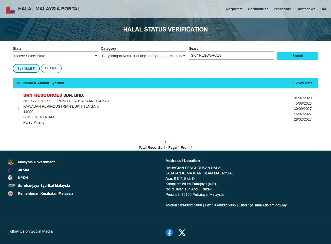 Sky Resources — JAKIM halal record (cosmetics / OEM)