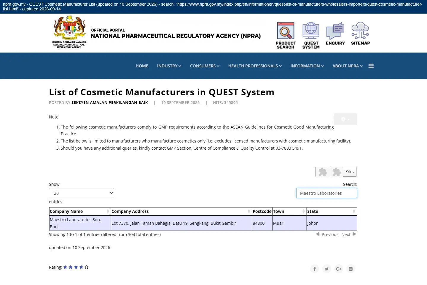 Maestro Laboratories — NPRA list of GMP-compliant cosmetic manufacturers