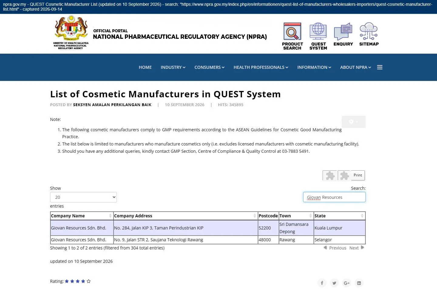 Giovan Resources — NPRA list of GMP-compliant cosmetic manufacturers