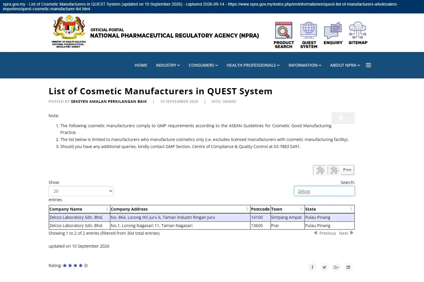 Zelcos Laboratory — NPRA list of GMP-compliant cosmetic manufacturers