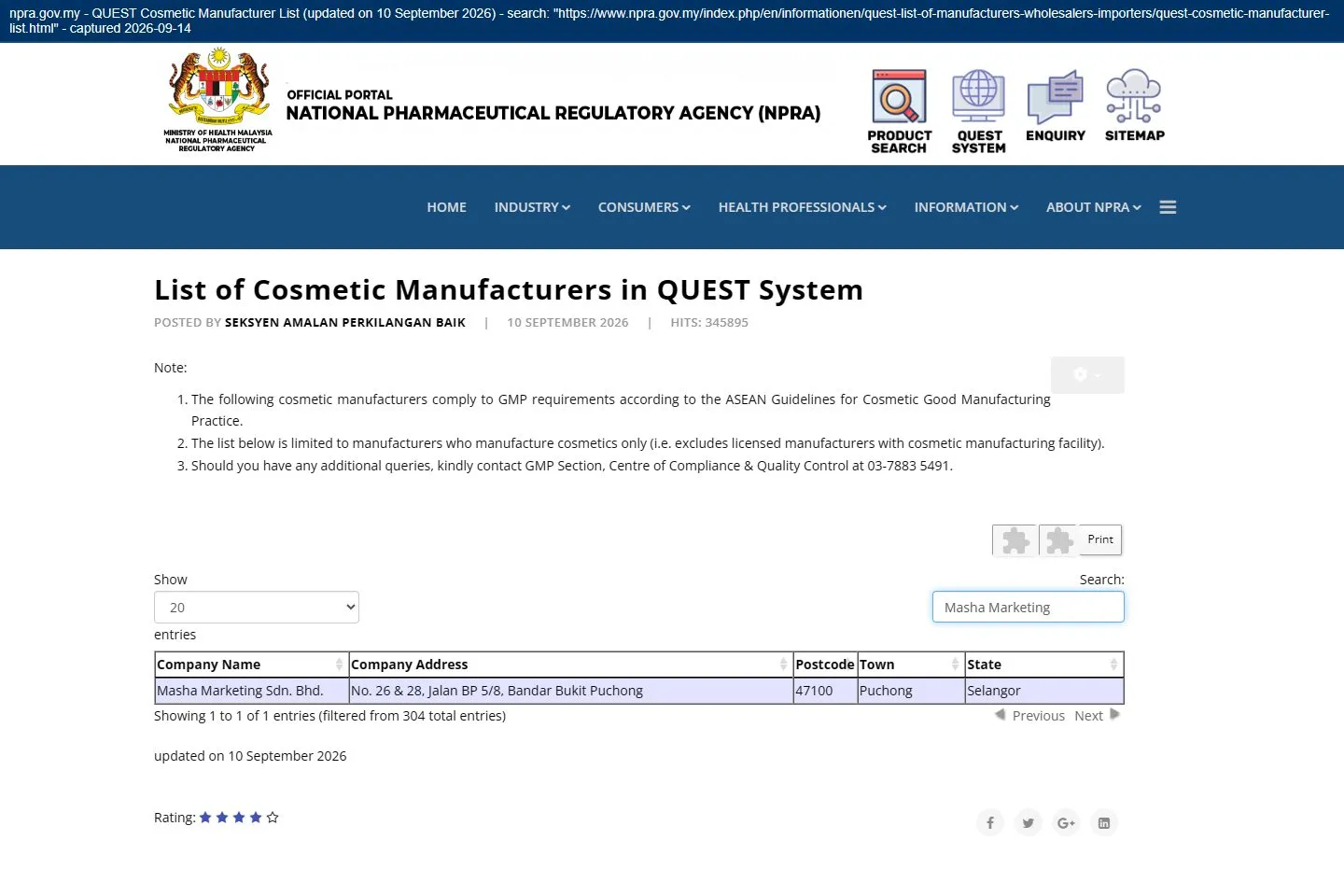 Masha Group — NPRA list of GMP-compliant cosmetic manufacturers