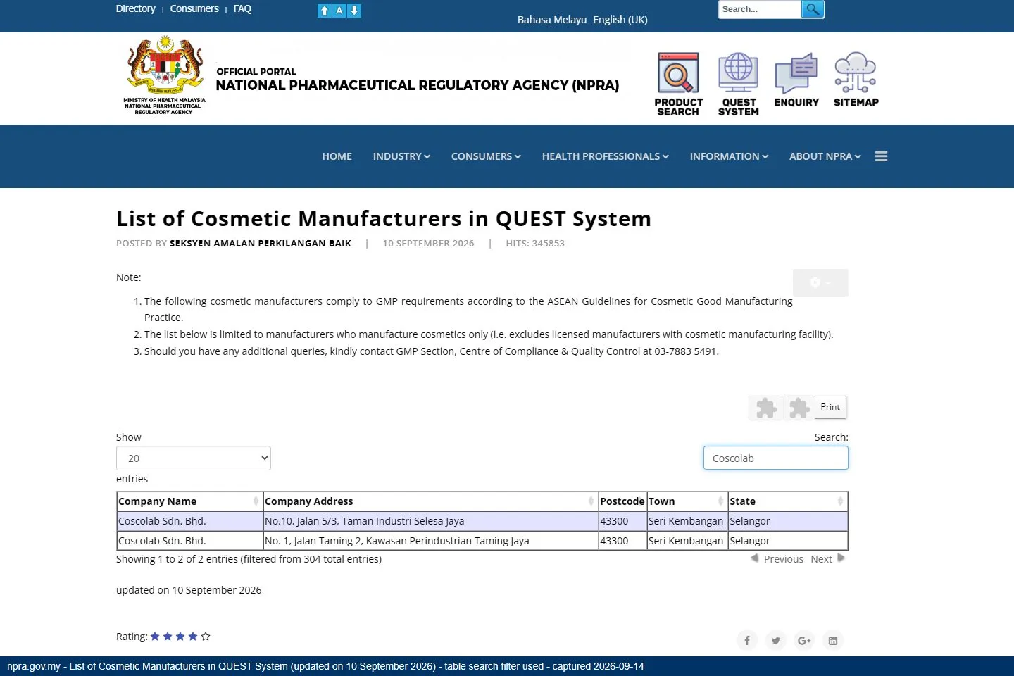 Coscolab — NPRA list of GMP-compliant cosmetic manufacturers