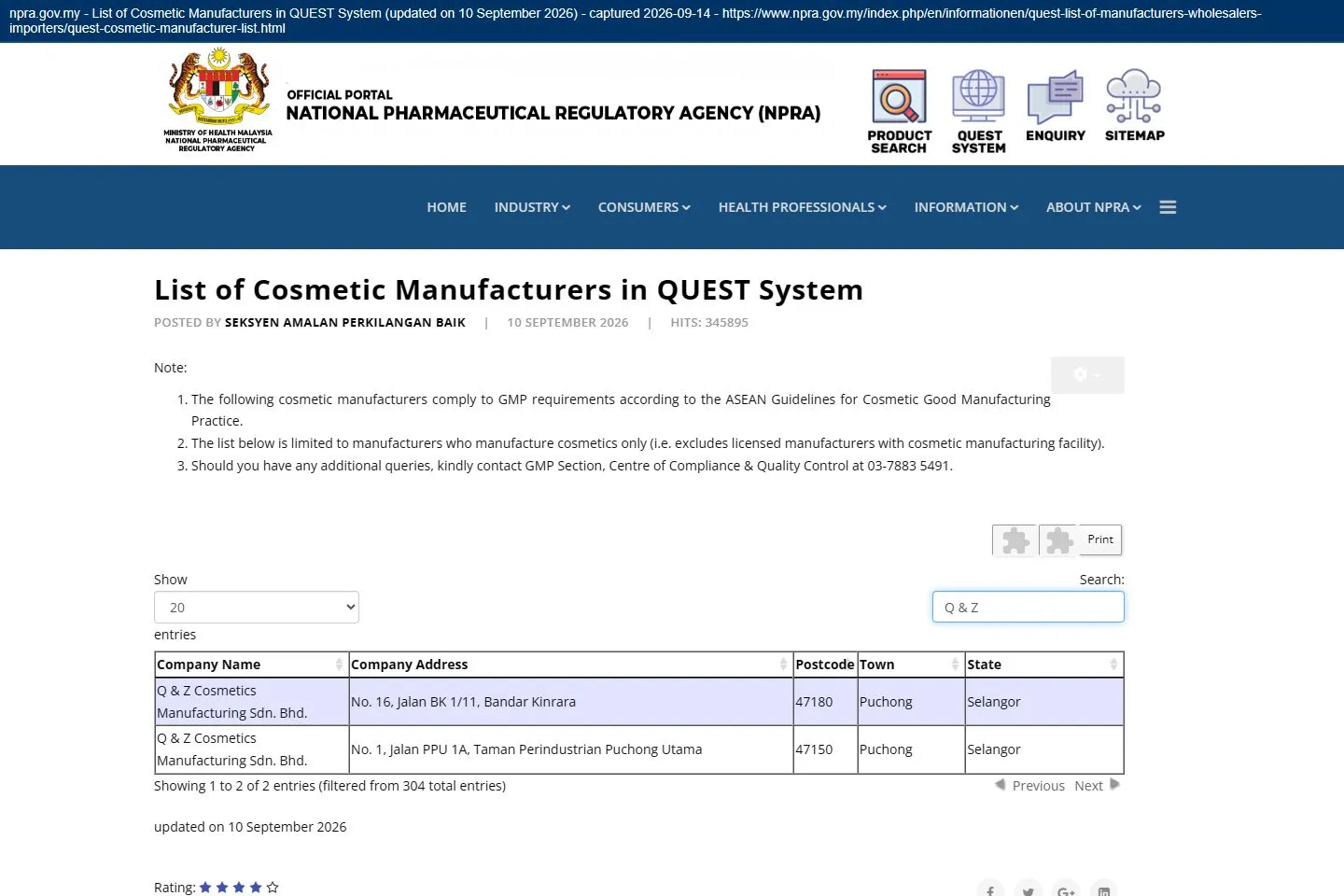 Q&Z Cosmetics — NPRA list of GMP-compliant cosmetic manufacturers