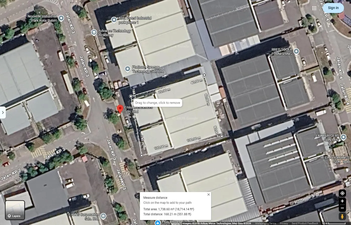 Satellite view of the Ensu Lifesciences cosmetics plant in Kota Puteri industrial estate, Batu Arang
