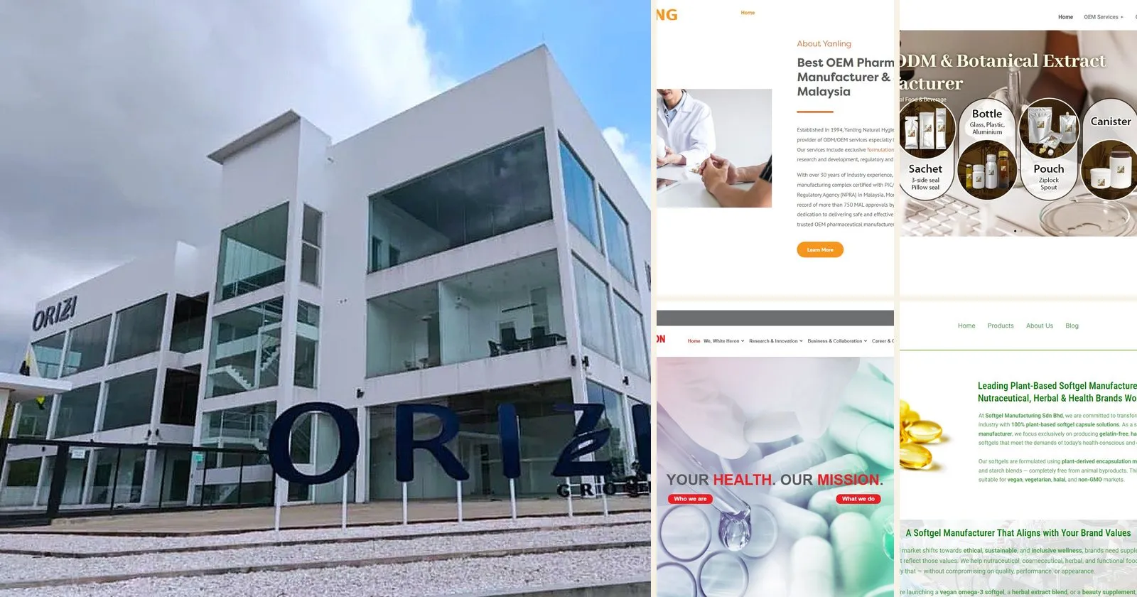ORIZI Group headquarters and the websites of four Malaysian supplement OEM factories